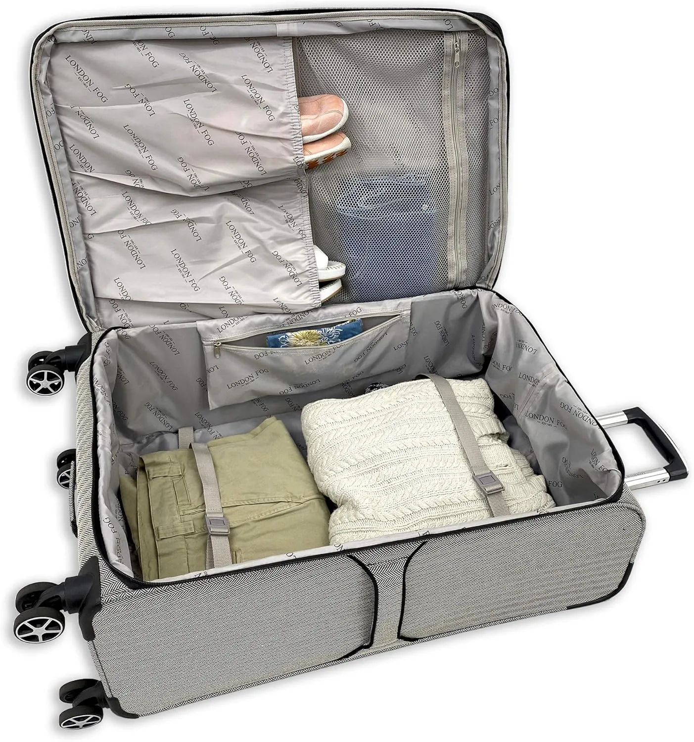 LONDON FOG Newcastle Softside Expandable Spinner Luggage, Black White Herringbone, Carry-On 20-Inch