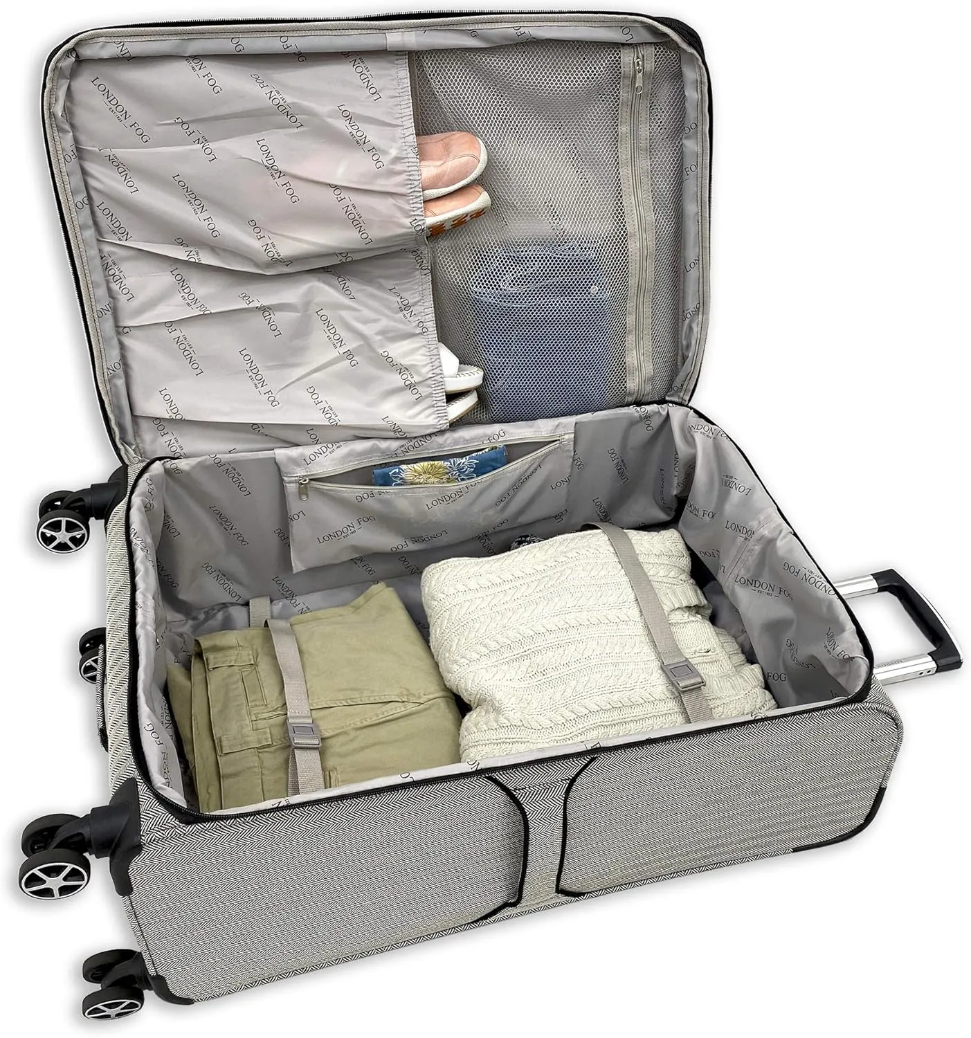 LONDON FOG Newcastle Softside Expandable Spinner Luggage, Black White Herringbone, Carry-On 20-Inch