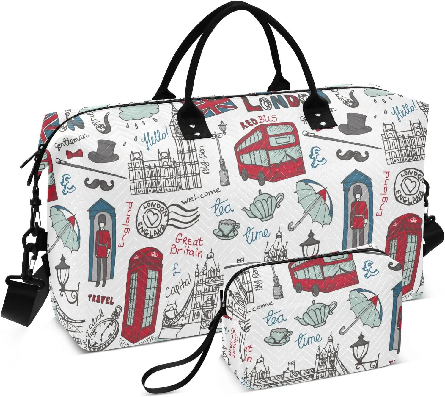 London Landmark Large Travel Duffel Luggage Large Carry on Airport Bag Travel Tote Gym Bag with Adjustable Strap for Airplane Traveling 2 Pcs Set