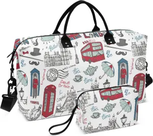 London Landmark Large Travel Duffel Luggage Large Carry on Airport Bag Travel Tote Gym Bag with Adjustable Strap for Airplane Traveling 2 Pcs Set