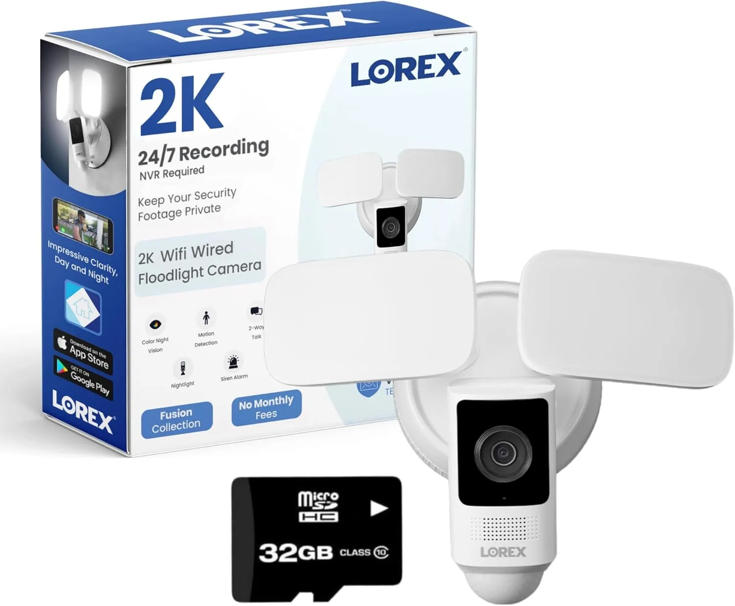 Lorex 2K Wi-Fi Floodlight Camera, White - Outdoor Home Security Camera w/Color Night Vision, Adjustable LEDs, Person Detection, 2-Way Talk, Flood Light-Exterior Surveillance Camera w/Phone App