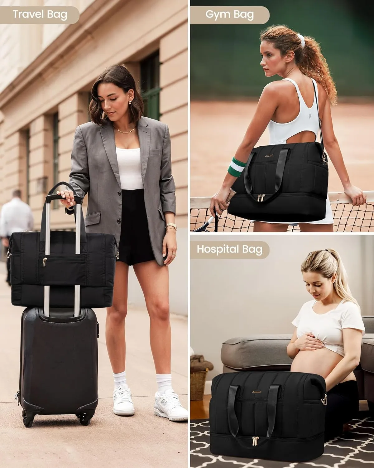 LOVEVOOK Travel Duffle Bag,Puffer Weekender Bags For Women with Shoe Compartment,70L Carry On Duffel Bags For Airplanes,Hospital Bag for Labor and Delivery,Overnight Bag With Toiletry Bag,2Pcs Set
