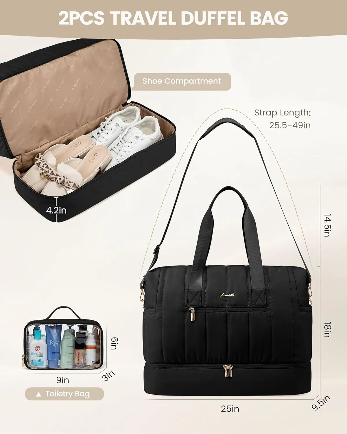 LOVEVOOK Travel Duffle Bag,Puffer Weekender Bags For Women with Shoe Compartment,70L Carry On Duffel Bags For Airplanes,Hospital Bag for Labor and Delivery,Overnight Bag With Toiletry Bag,2Pcs Set
