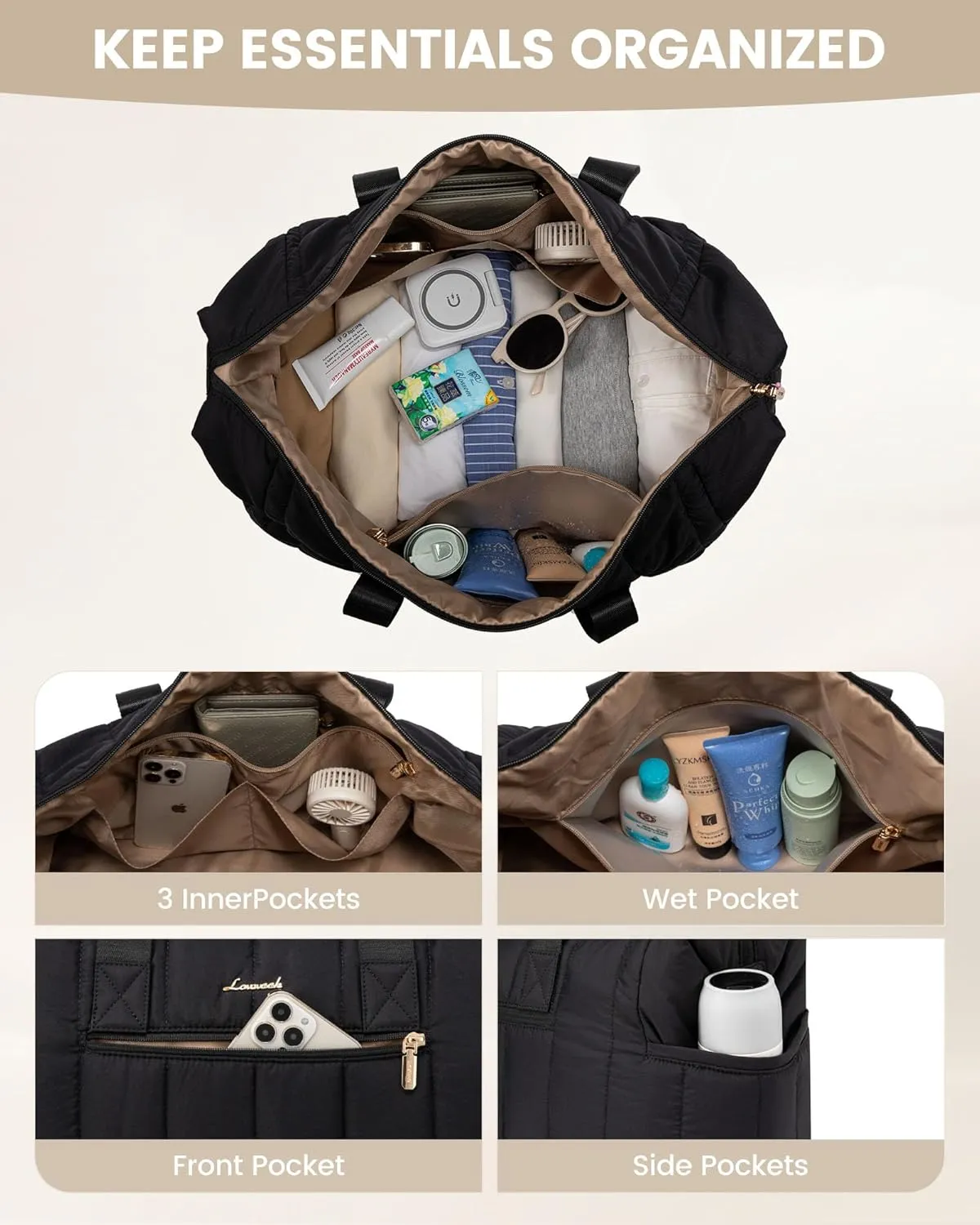 LOVEVOOK Travel Duffle Bag,Puffer Weekender Bags For Women with Shoe Compartment,70L Carry On Duffel Bags For Airplanes,Hospital Bag for Labor and Delivery,Overnight Bag With Toiletry Bag,2Pcs Set