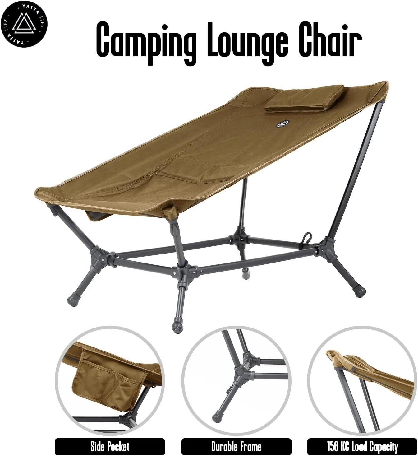 Low Back Folding Camping Chairs for Adults with Storage Pouches & Carrying Case - Foldable Lawn Chairs, Beach Chair, Fishing Chair, Portable Lightweight Outdoor Chair. (Khaki)
