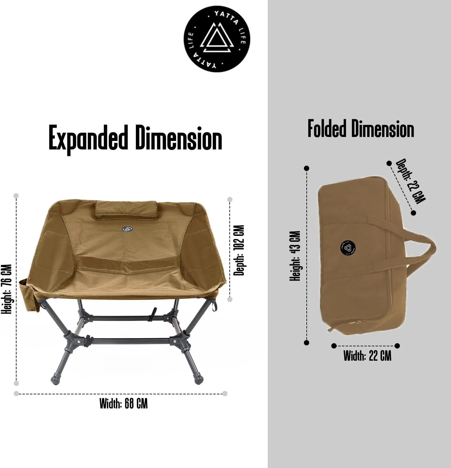 Low Back Folding Camping Chairs for Adults with Storage Pouches & Carrying Case - Foldable Lawn Chairs, Beach Chair, Fishing Chair, Portable Lightweight Outdoor Chair. (Khaki)