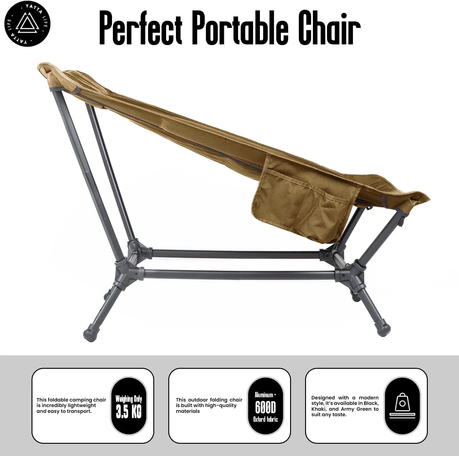 Low Back Folding Camping Chairs for Adults with Storage Pouches & Carrying Case - Foldable Lawn Chairs, Beach Chair, Fishing Chair, Portable Lightweight Outdoor Chair. (Khaki)