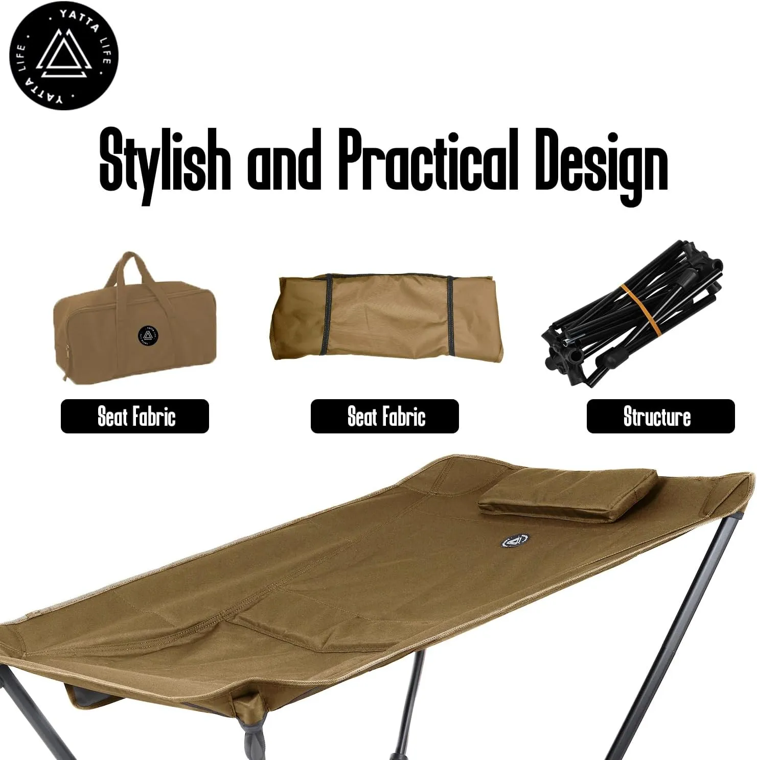 Low Back Folding Camping Chairs for Adults with Storage Pouches & Carrying Case - Foldable Lawn Chairs, Beach Chair, Fishing Chair, Portable Lightweight Outdoor Chair. (Khaki)