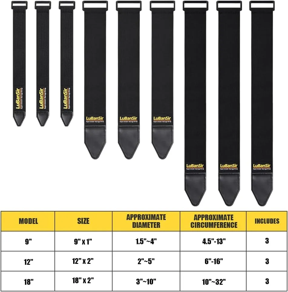 LuBanSir Cinch Straps, Assorted 9 Pack（9“/12”/18“） Super-Stretch Storage Straps Fit House, Garage, Workshop, Boat, Car Organization