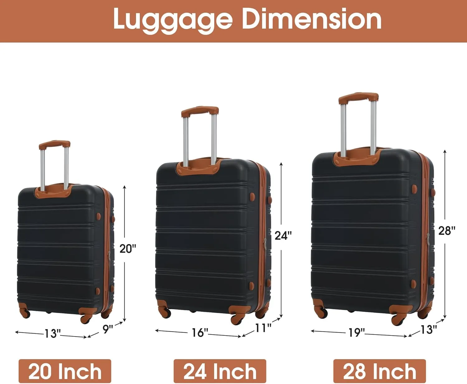 Luggage Sets, 3 Piece Lightweight Expandable Luggage With TSA Locks, 360 ° Rotating Wheels, Spacious Storage Space Hard Luggage Case, 20" 24' 28" Available Antique Black One size