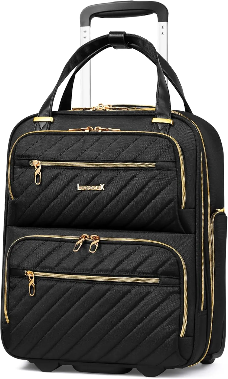 LUGGEX Underseat Carry On Luggage with Wheels, Stylish Lightweight Under Seat Luggage, Soft Sided Personal Item Suitcase for Short Trip (Black, 16 Inch)
