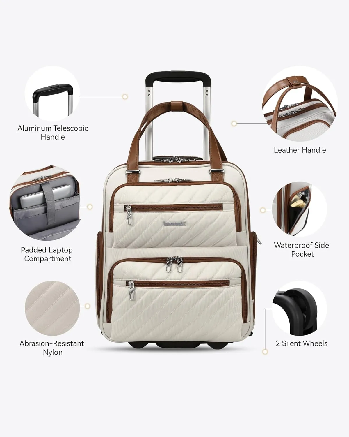 LUGGEX Underseat Carry On Luggage with Wheels, Stylish Lightweight Under Seat Luggage, Soft Sided Personal Item Suitcase for Short Trip (Cream White, 16 Inch)