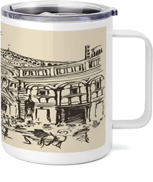 Lunarable Italy 10 Oz Steel Mug, Street of Florence Vintage Style Sketch Urban View Travel Europe Antique, Vacuum Insulated Leak-resistant Cup for Outdoor Hiking and Picnics, Beige Taupe