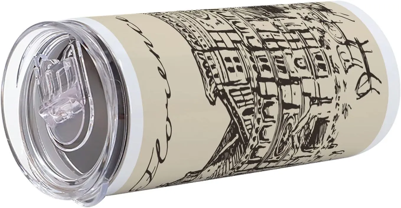 Lunarable Italy 12 Oz Skinny Tumbler, Street of Florence Vintage Style Sketch Urban View Travel Europe Antique, Vacuum Insulated Travel Canteen Cup Leakproof for Travel Picnic, Beige Taupe