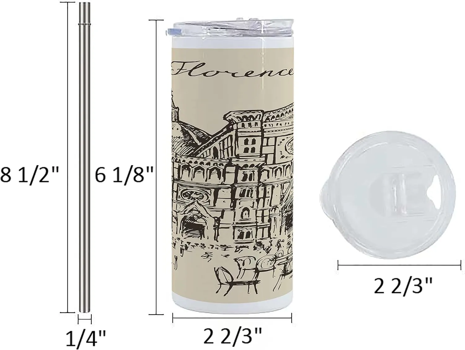 Lunarable Italy 12 Oz Skinny Tumbler, Street of Florence Vintage Style Sketch Urban View Travel Europe Antique, Vacuum Insulated Travel Canteen Cup Leakproof for Travel Picnic, Beige Taupe