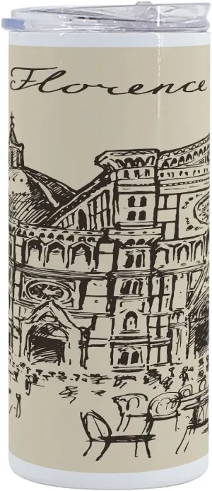 Lunarable Italy 12 Oz Skinny Tumbler, Street of Florence Vintage Style Sketch Urban View Travel Europe Antique, Vacuum Insulated Travel Canteen Cup Leakproof for Travel Picnic, Beige Taupe