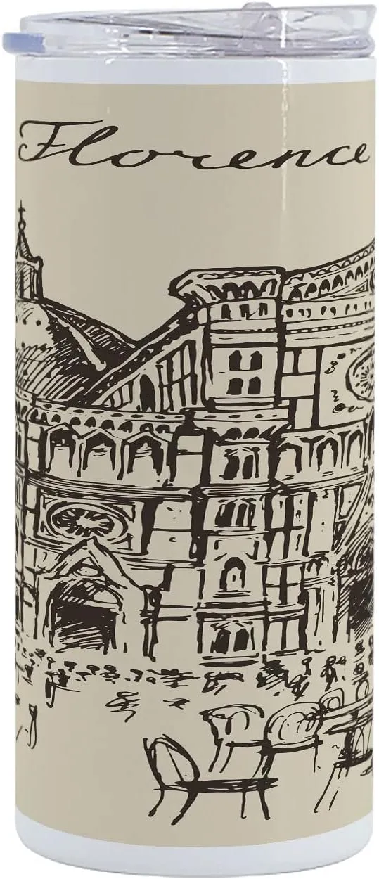 Lunarable Italy 12 Oz Skinny Tumbler, Street of Florence Vintage Style Sketch Urban View Travel Europe Antique, Vacuum Insulated Travel Canteen Cup Leakproof for Travel Picnic, Beige Taupe