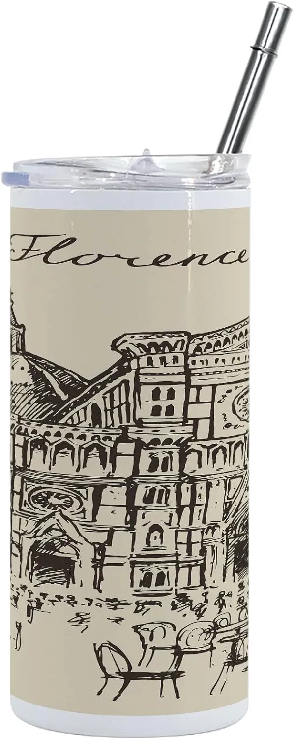 Lunarable Italy 12 Oz Skinny Tumbler, Street of Florence Vintage Style Sketch Urban View Travel Europe Antique, Vacuum Insulated Travel Canteen Cup Leakproof for Travel Picnic, Beige Taupe