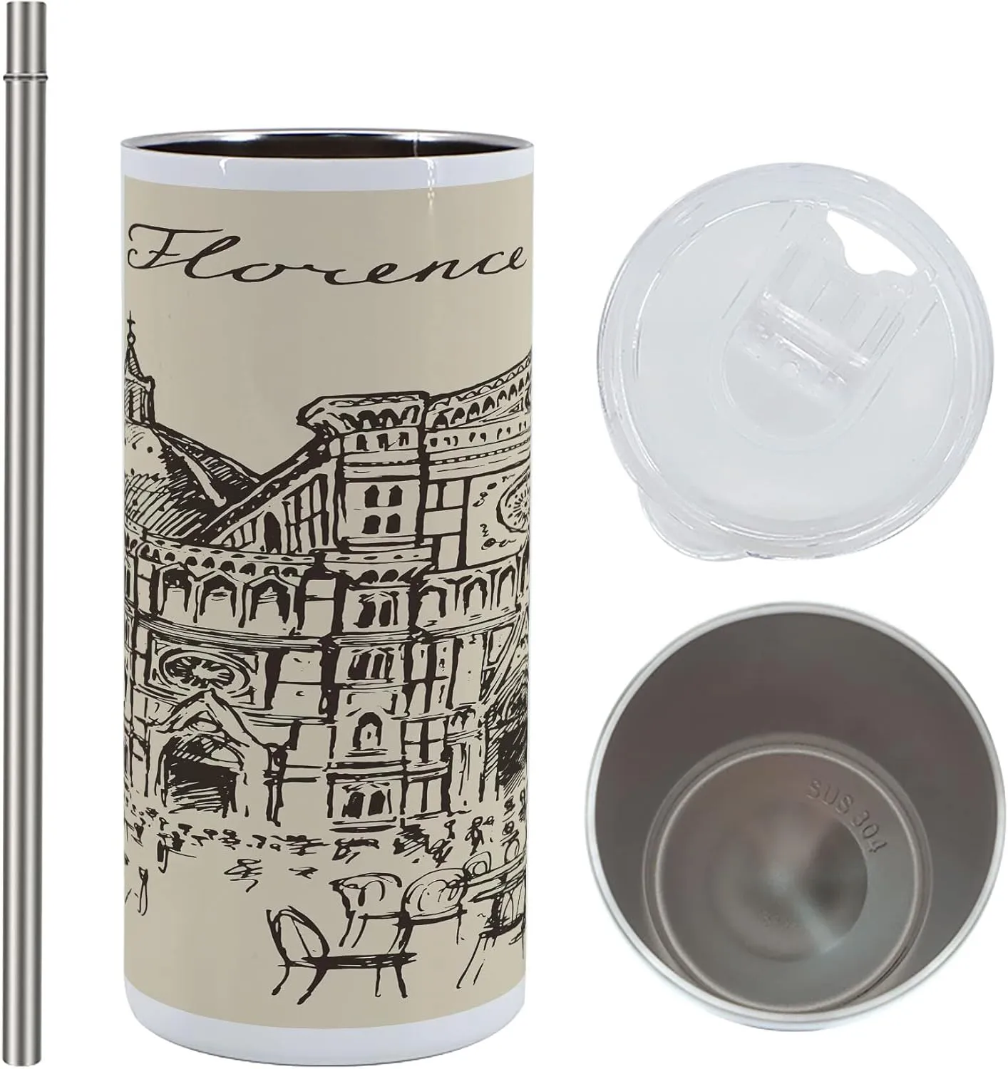 Lunarable Italy 12 Oz Skinny Tumbler, Street of Florence Vintage Style Sketch Urban View Travel Europe Antique, Vacuum Insulated Travel Canteen Cup Leakproof for Travel Picnic, Beige Taupe