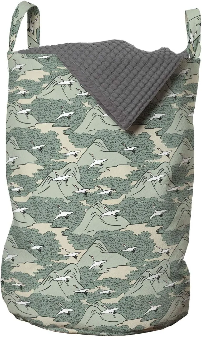 Lunarable Japanese Laundry Bag, Traditional Art Flying Crane Birds Mountain Plateau Forest Migration Asian, Hamper Basket with Handles Drawstring Closure for Laundromats, 13" x 19", Reseda Green Beige