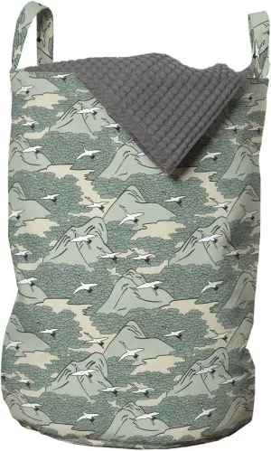 Lunarable Japanese Laundry Bag, Traditional Art Flying Crane Birds Mountain Plateau Forest Migration Asian, Hamper Basket with Handles Drawstring Closure for Laundromats, 13" x 19", Reseda Green Beige