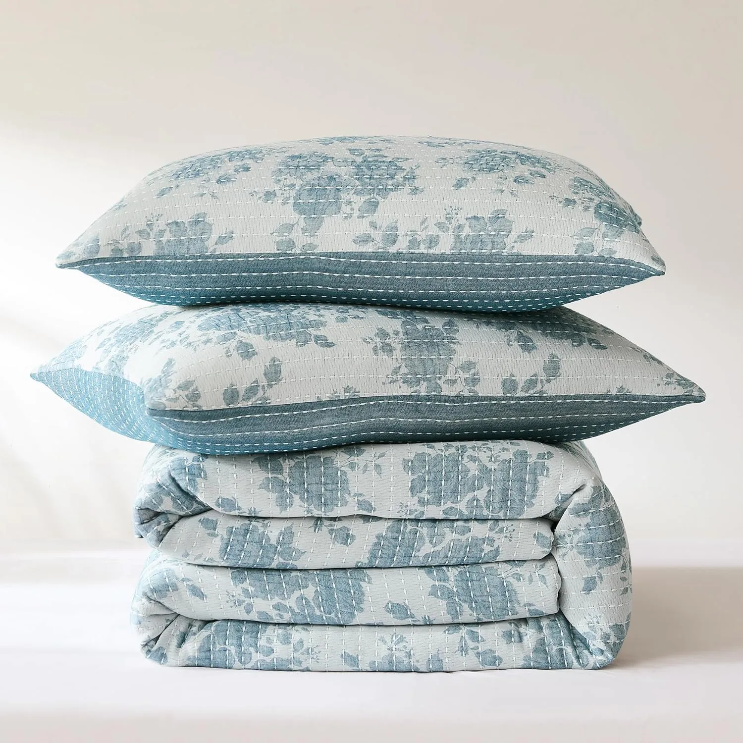 Lush Decor Rose Garden Pick Stitch Jacquard Matelasse Coverlet 3 Piece Set King Blue - Floral Bedding Set - Bed Coverlet - Coquette Decor