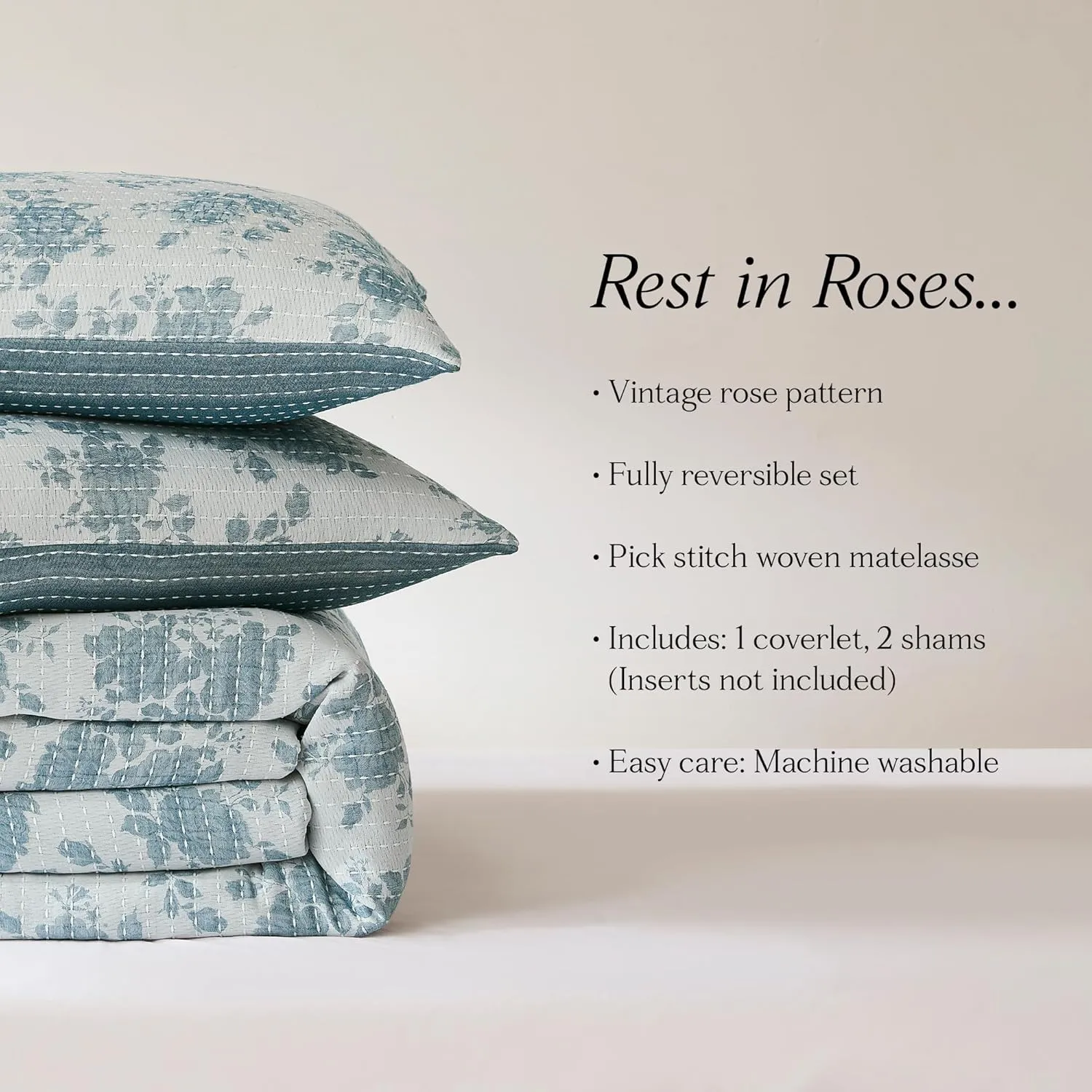 Lush Decor Rose Garden Pick Stitch Jacquard Matelasse Coverlet 3 Piece Set King Blue - Floral Bedding Set - Bed Coverlet - Coquette Decor