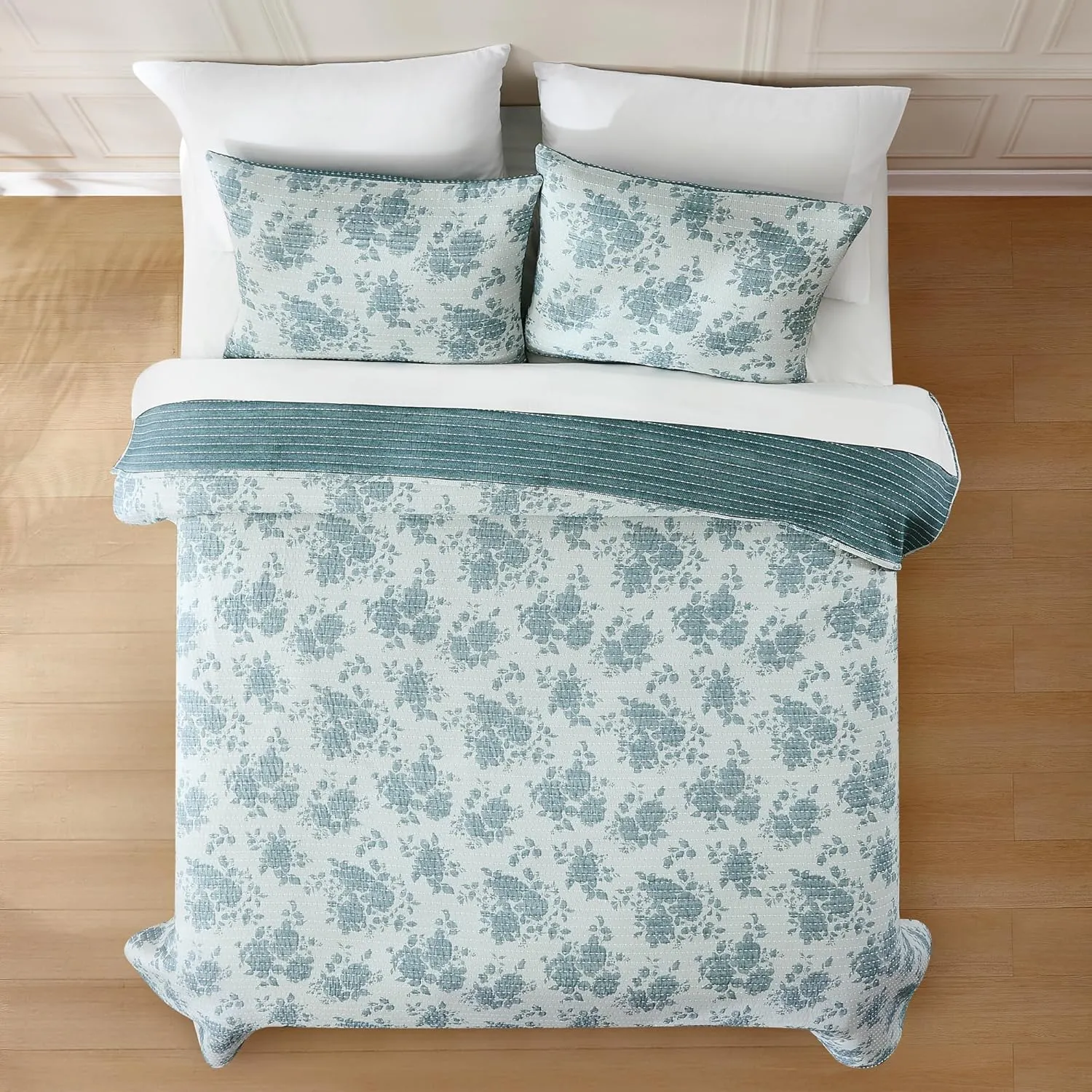 Lush Decor Rose Garden Pick Stitch Jacquard Matelasse Coverlet 3 Piece Set King Blue - Floral Bedding Set - Bed Coverlet - Coquette Decor