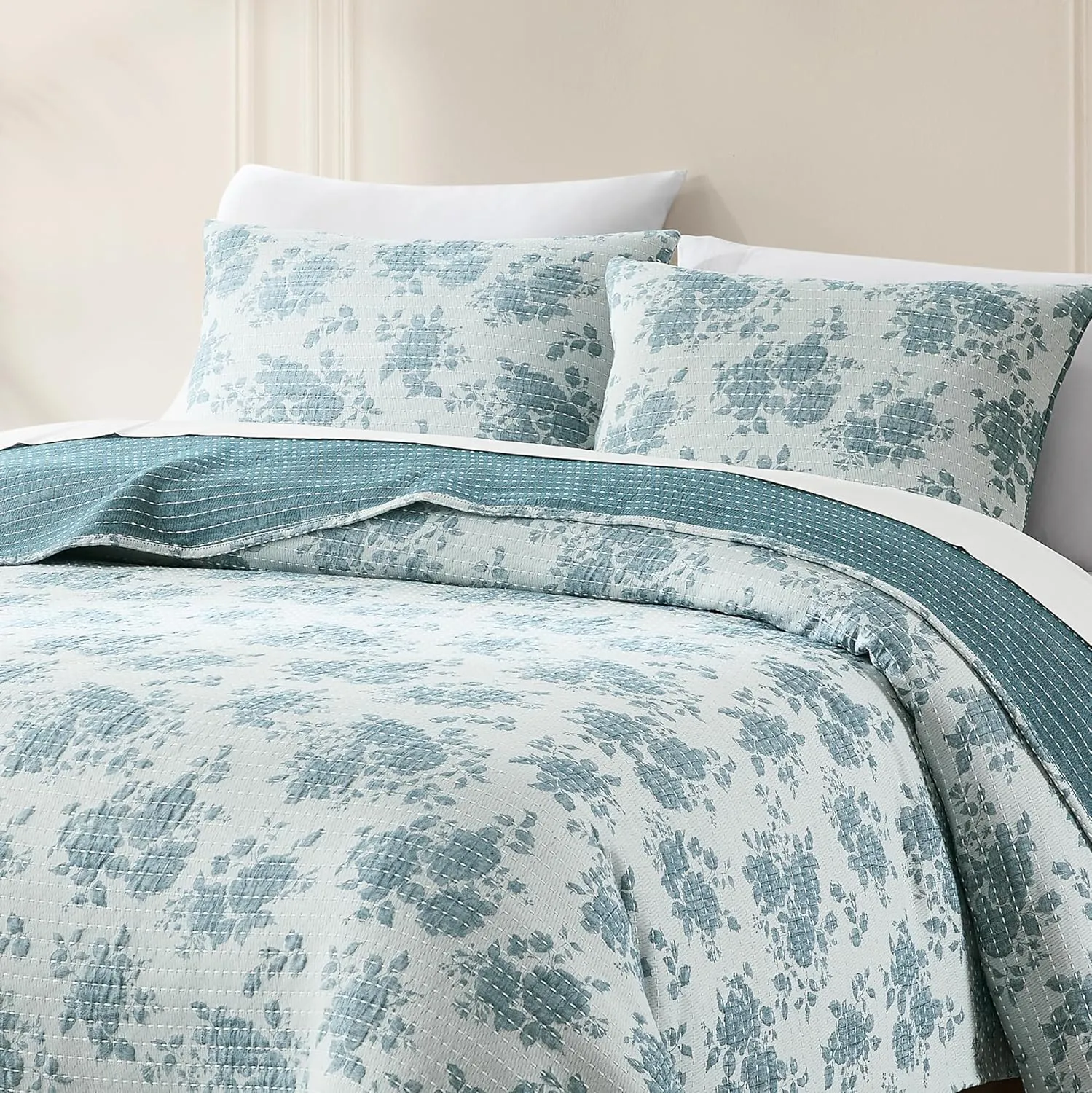 Lush Decor Rose Garden Pick Stitch Jacquard Matelasse Coverlet 3 Piece Set King Blue - Floral Bedding Set - Bed Coverlet - Coquette Decor