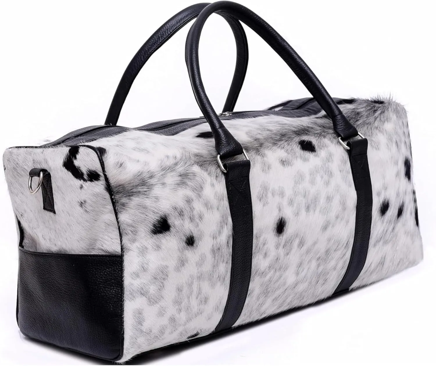 Luxurious Cowhide Duffel Bag for Men's and Women's - Large Size Unisex Travel Duffle Bag, Unique Leather Gym Bag Weekender Overnight Premium Quality Cow Hair on Duffle (White)