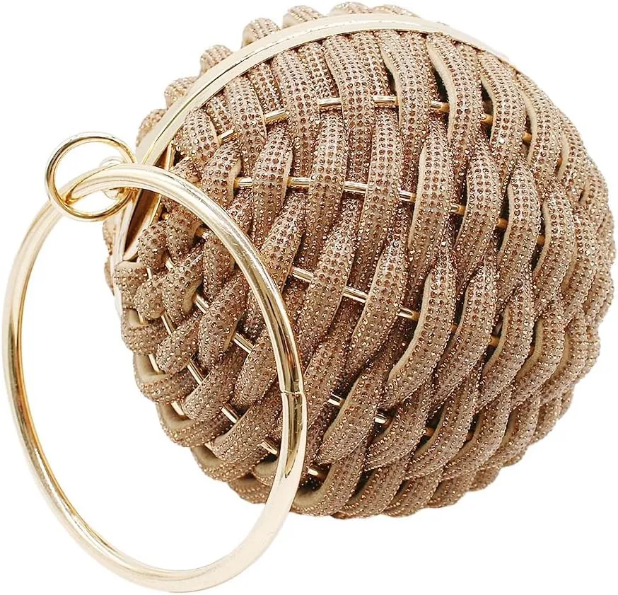 Luxury Rhinestone Ball Shape Clutch Purse Round Ball Evening Handbag Woven Metal Crystal Evening Bag for Party Prom