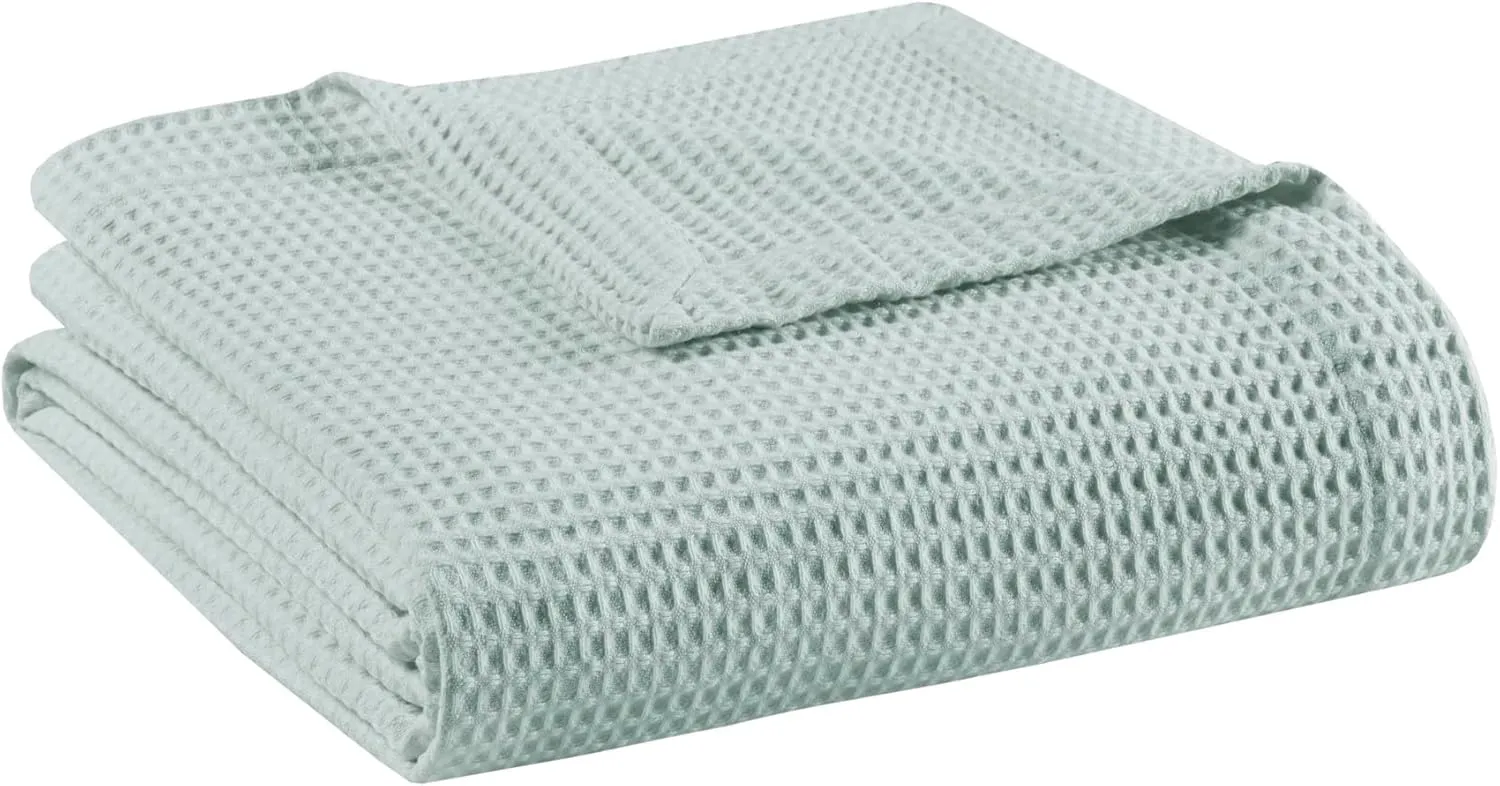 Madison Park 100% Cotton Blanket, Trendy Woven Waffle Weave Design, All Season, Lightweight, Breathable, Soft and Cozy Casual Summer Cover, for Bed, Couch and Sofa, King(108 in x 90 in), Aqua
