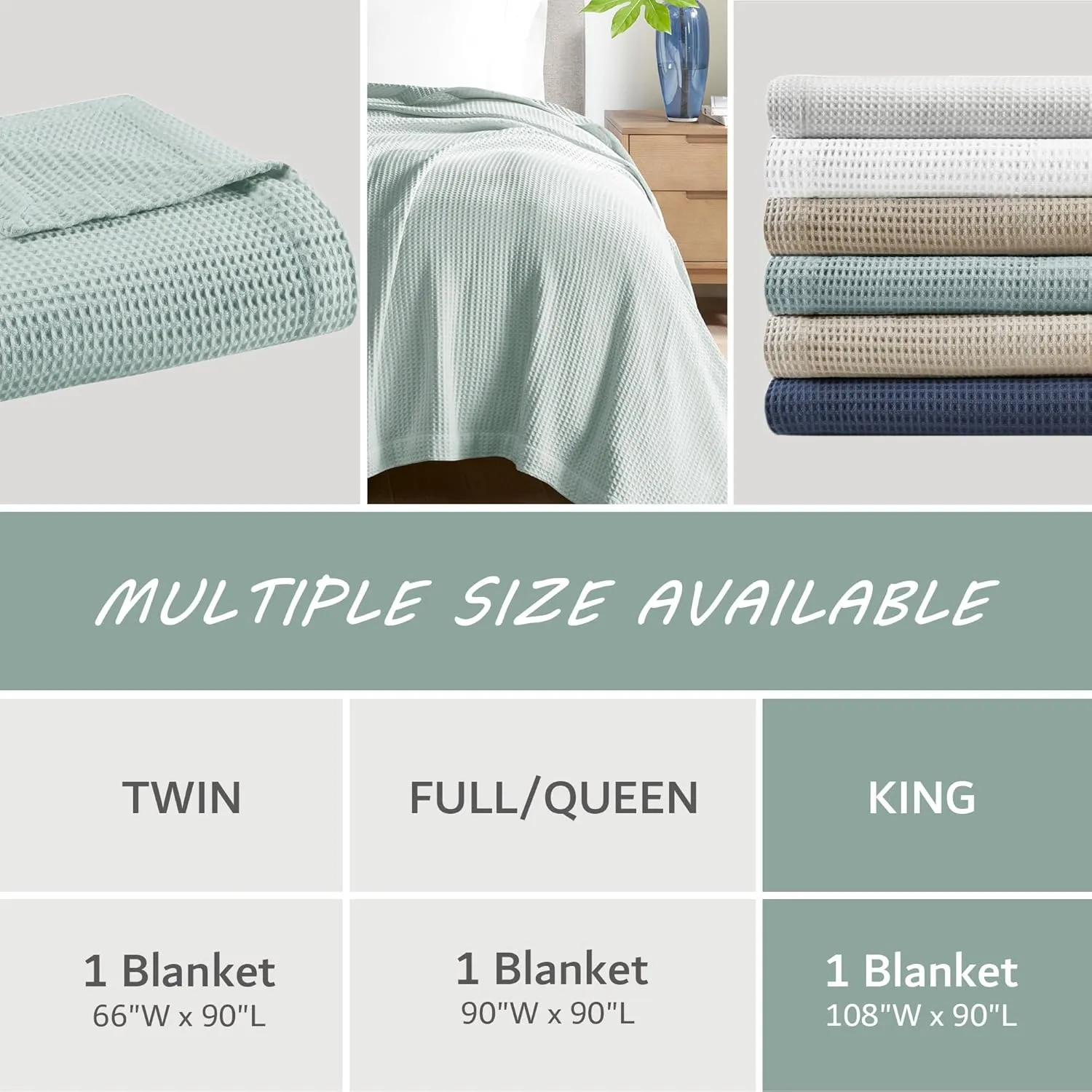 Madison Park 100% Cotton Blanket, Trendy Woven Waffle Weave Design, All Season, Lightweight, Breathable, Soft and Cozy Casual Summer Cover, for Bed, Couch and Sofa, King(108 in x 90 in), Aqua