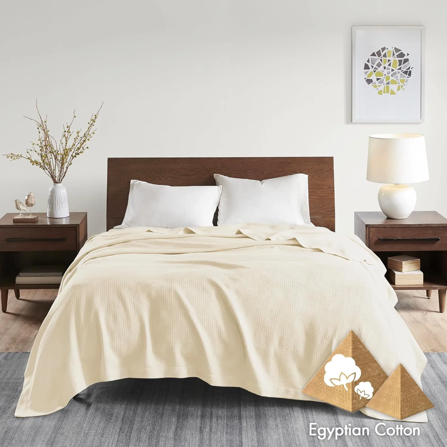 Madison Park Soft Certified 100% Egyptian Cotton Breathable Cozy Blanket, Premium Waffle Knit Classic Design, Luxury All Season Lightweight Cover for Bed, Couch and Sofa, Cream King(108"x90")