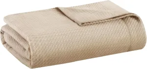 Madison Park Soft Certified 100% Egyptian Cotton Breathable Cozy Blanket, Premium Waffle Knit Classic Design, Luxury All Season Lightweight Cover for Bed, Couch and Sofa, Khaki Full/Queen(90"x90")