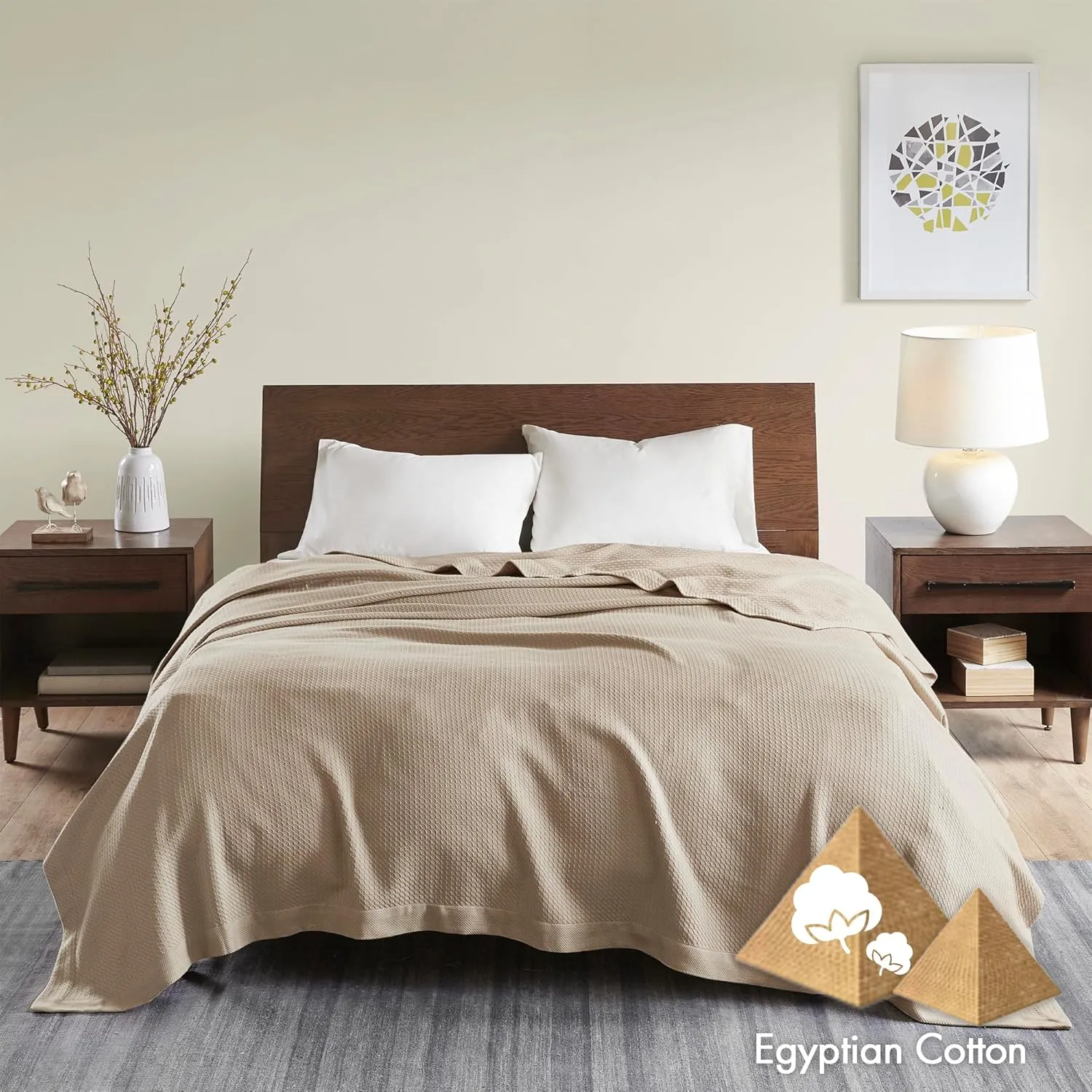 Madison Park Soft Certified 100% Egyptian Cotton Breathable Cozy Blanket, Premium Waffle Knit Classic Design, Luxury All Season Lightweight Cover for Bed, Couch and Sofa, Khaki Full/Queen(90"x90")