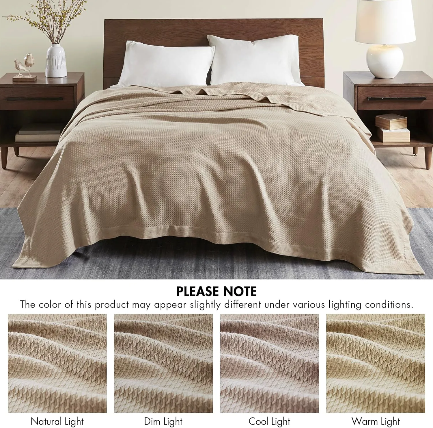 Madison Park Soft Certified 100% Egyptian Cotton Breathable Cozy Blanket, Premium Waffle Knit Classic Design, Luxury All Season Lightweight Cover for Bed, Couch and Sofa, Khaki Full/Queen(90"x90")