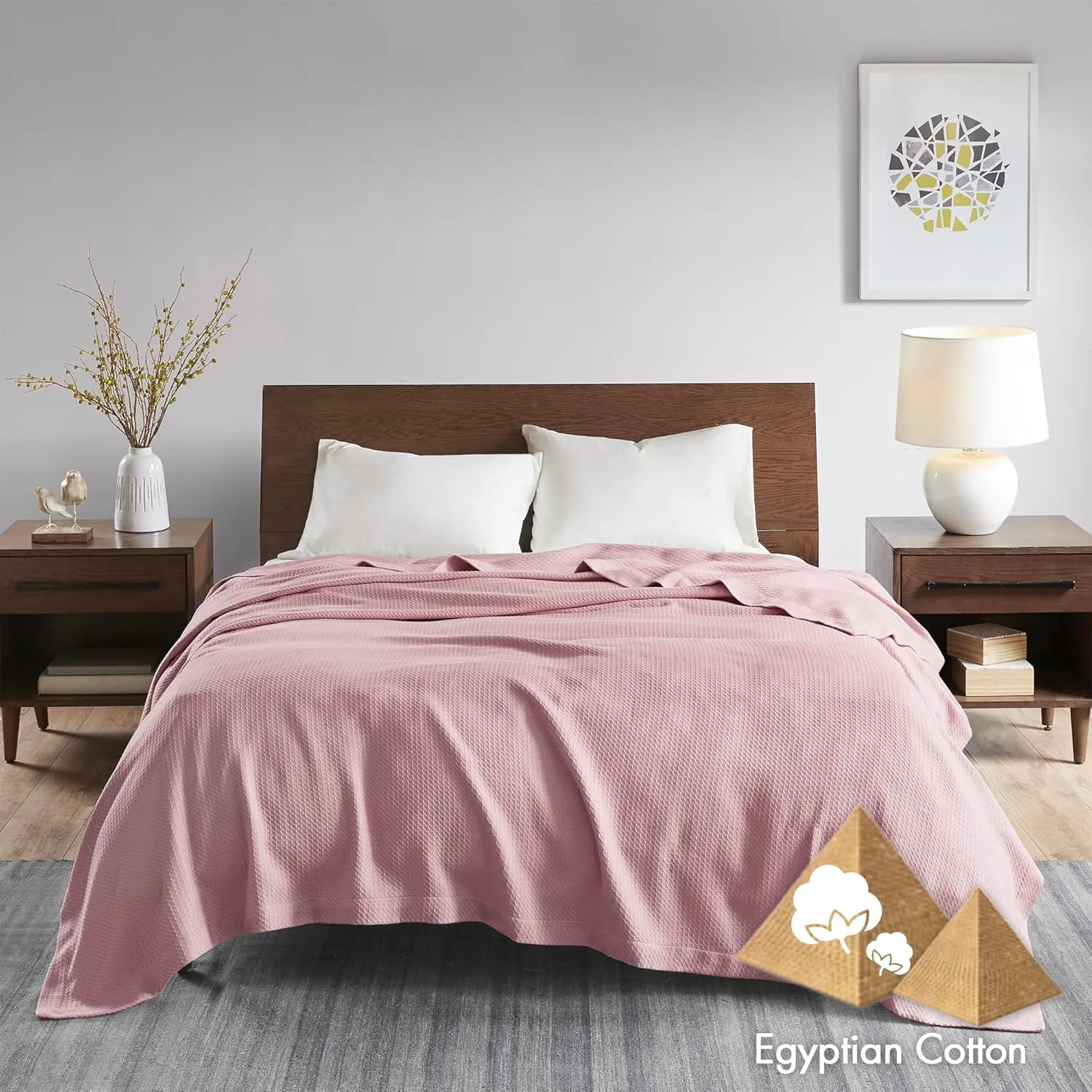 Madison Park Soft Certified 100% Egyptian Cotton Breathable Cozy Blanket, Premium Waffle Knit Classic Design, Luxury All Season Lightweight Cover for Bed, Couch and Sofa, Rose Twin(66"x90")