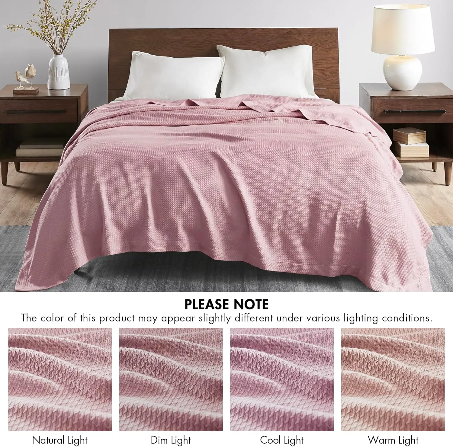 Madison Park Soft Certified 100% Egyptian Cotton Breathable Cozy Blanket, Premium Waffle Knit Classic Design, Luxury All Season Lightweight Cover for Bed, Couch and Sofa, Rose Twin(66"x90")
