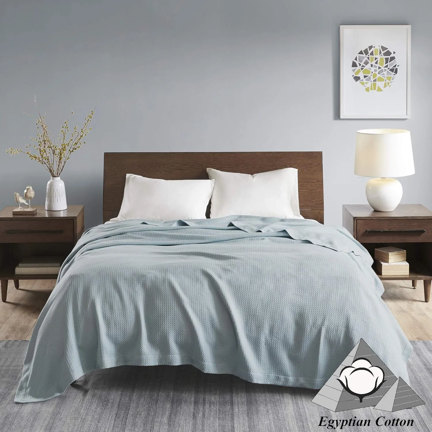 Madison Park Soft Certified 100% Egyptian Cotton Breathable Cozy Blanket, Premium Waffle Knit Classic Design Luxury All Season Lightweight Cover for Bed, Couch and Sofa, Twin, Light Blue