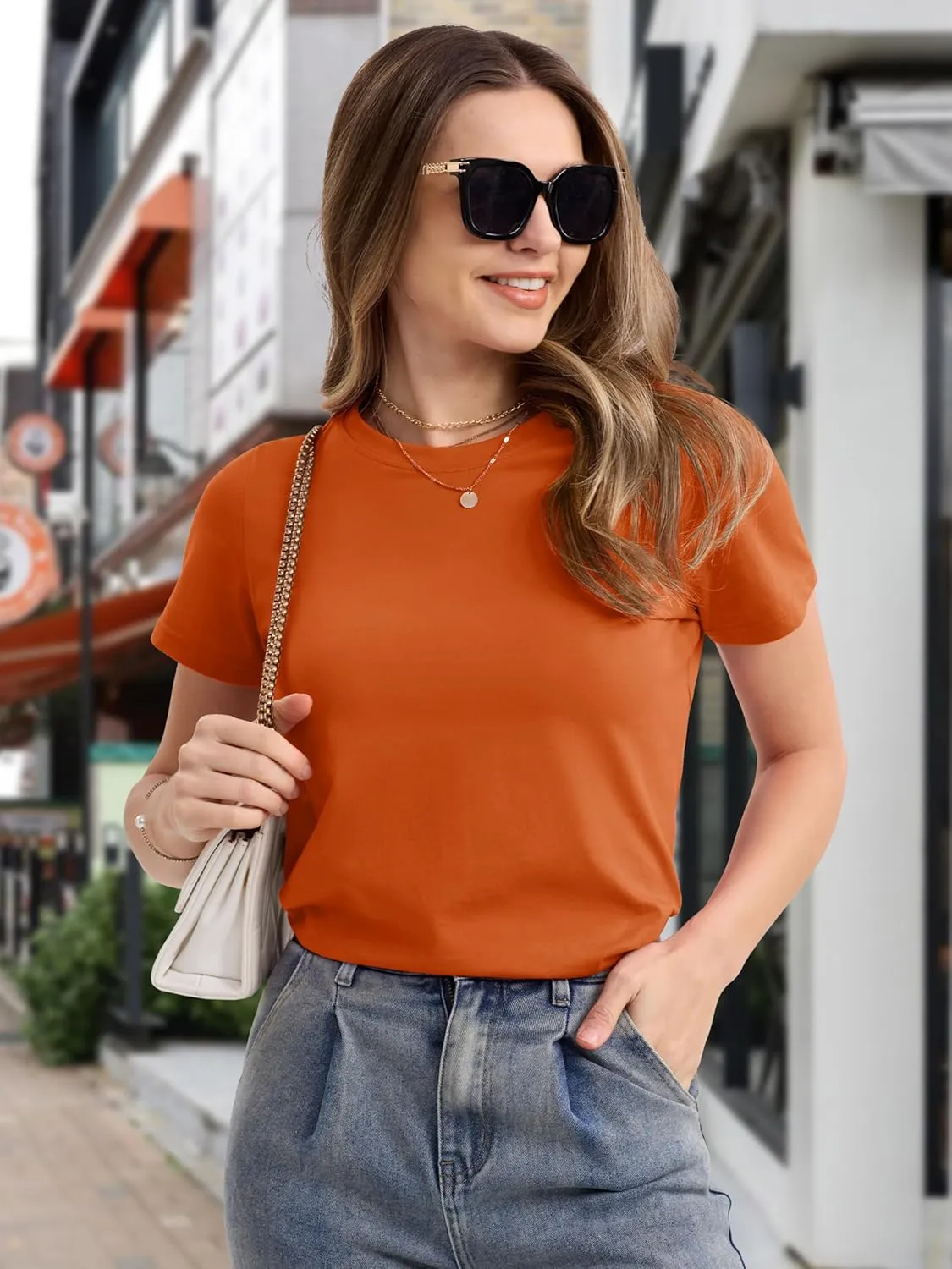 MAGCOMSEN Women's Cotton T-Shirts Short-Sleeve Shirts Crew-Neck Tops Classic-Fit Breathable Casual Summer Tees