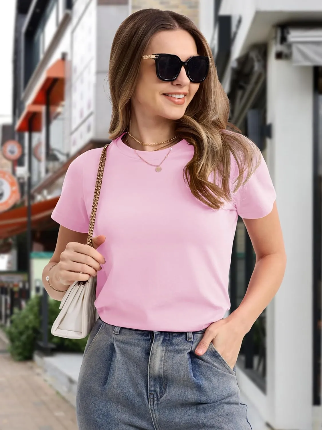 MAGCOMSEN Women's Cotton T-Shirts Short-Sleeve Shirts Crew-Neck Tops Classic-Fit Breathable Casual Summer Tees