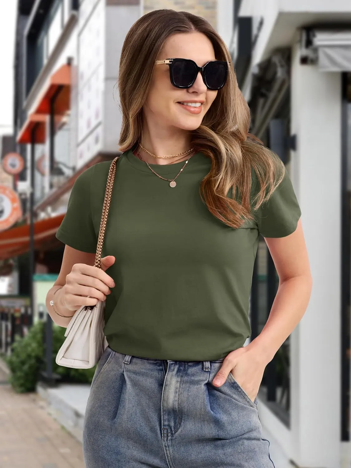 MAGCOMSEN Women's Cotton T-Shirts Short-Sleeve Shirts Crew-Neck Tops Classic-Fit Breathable Casual Summer Tees