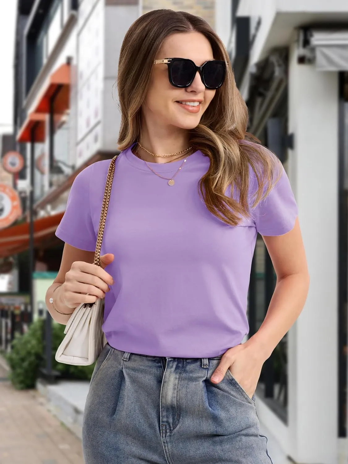 MAGCOMSEN Women's Cotton T-Shirts Short-Sleeve Shirts Crew-Neck Tops Classic-Fit Breathable Casual Summer Tees