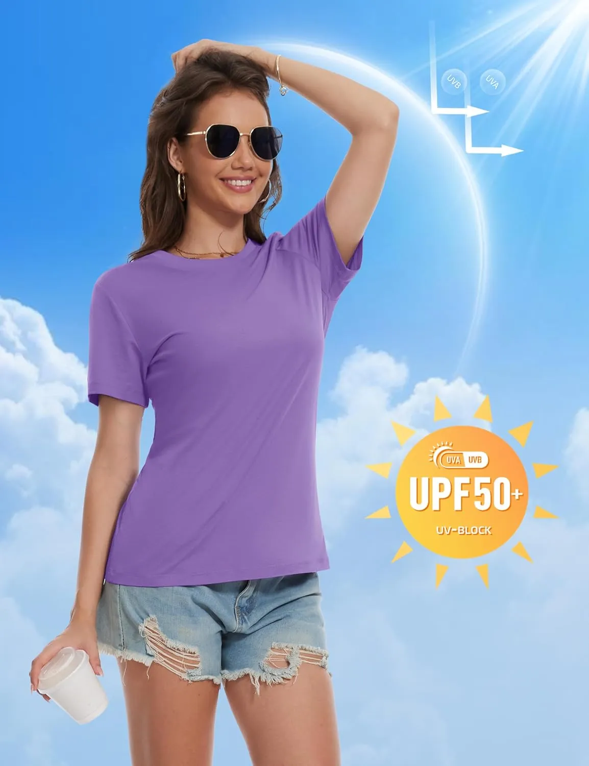 MAGCOMSEN Women's Short Sleeve T Shirts Cotton Summer UPF 50  Crew Neck Casual Tops Trendy Solid Color Basic Tees