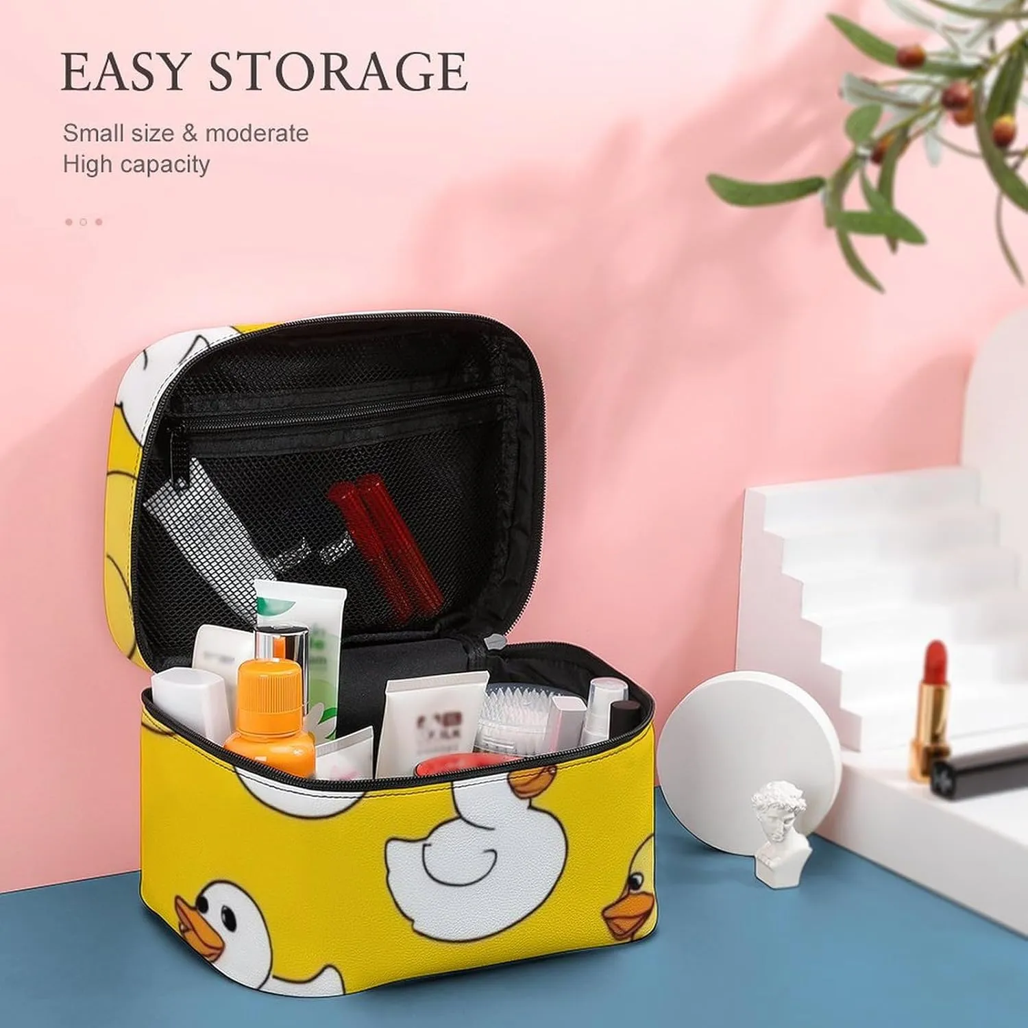 Make Up Bags Cute Rubber Duck Cosmetics Organizer Case for Women, Travel Toiletry Brushes Storage Bag with Carry Handle