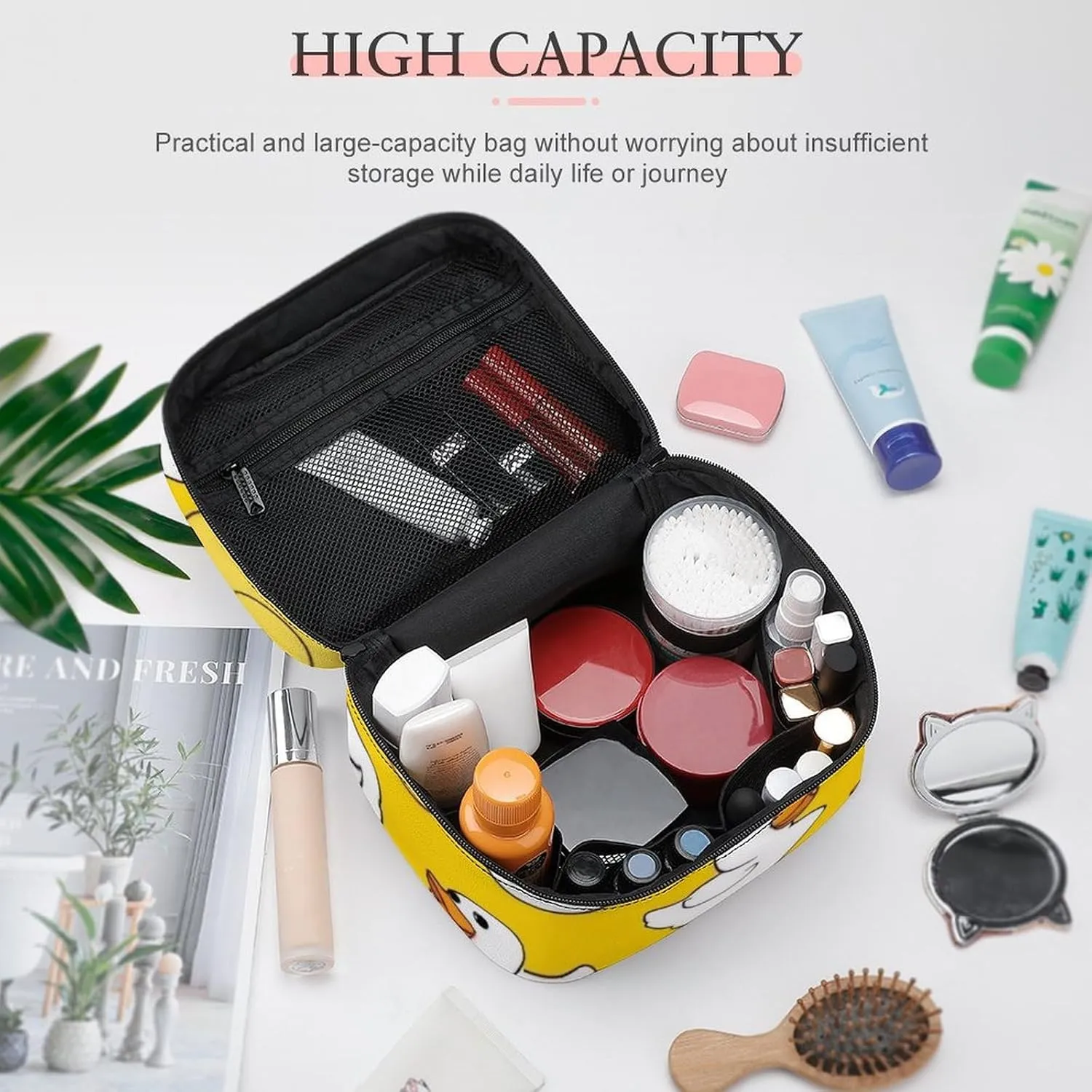 Make Up Bags Cute Rubber Duck Cosmetics Organizer Case for Women, Travel Toiletry Brushes Storage Bag with Carry Handle