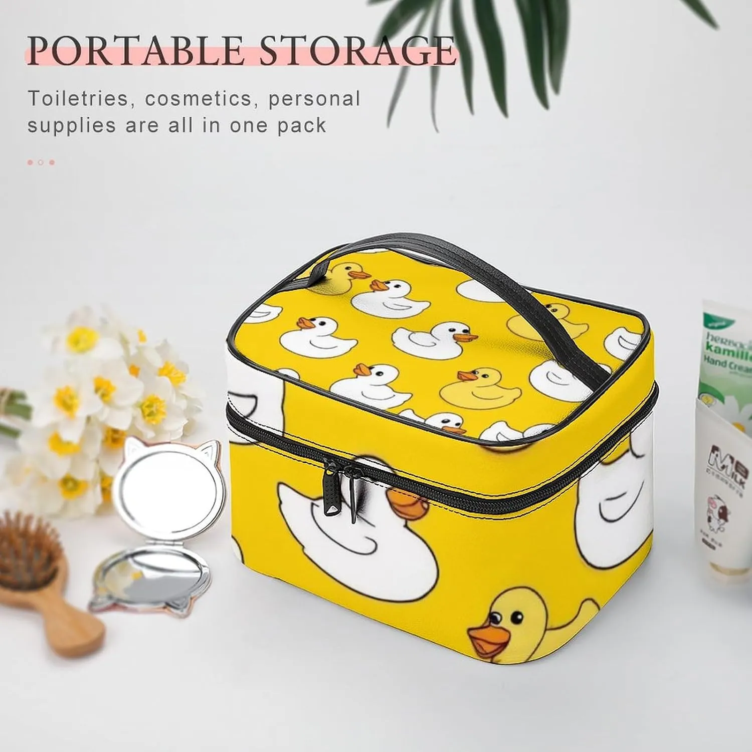 Make Up Bags Cute Rubber Duck Cosmetics Organizer Case for Women, Travel Toiletry Brushes Storage Bag with Carry Handle