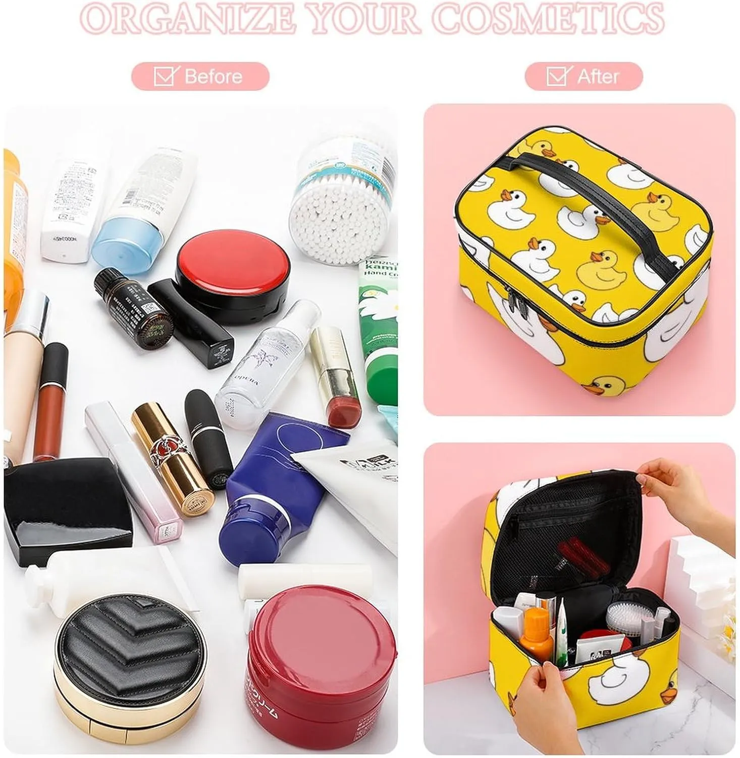 Make Up Bags Cute Rubber Duck Cosmetics Organizer Case for Women, Travel Toiletry Brushes Storage Bag with Carry Handle