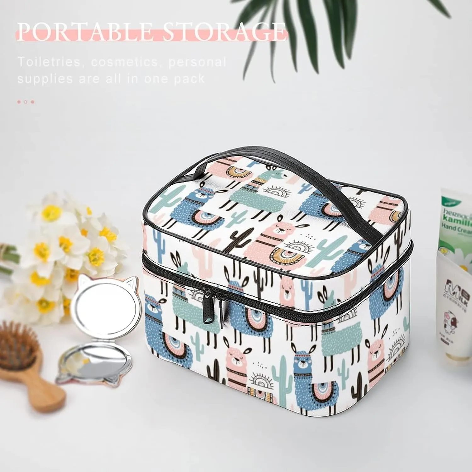 Makeup Bag Cosmetic Bag, Llama Cactus Alpaca Desert Makeup Bag Portable PU Leather Makeup Train Case Pouch Toiletry Bag with Handle for Girl Women Ladies